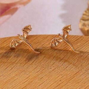 3 For $35 18K Gold Flying Dragon Minimalist  Stud Earrings Gothic Punk Fantasy